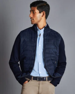 Refined Wear Shop 21 Alcantara Funnel Neck Knitted Jacket - Navy