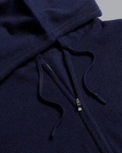 Merino Cashmere Hooded Zip Through Sweater - Navy